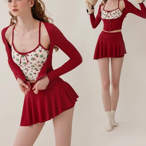 Asymmetrical Red Skirt with Shorts - Picture 1 of 8